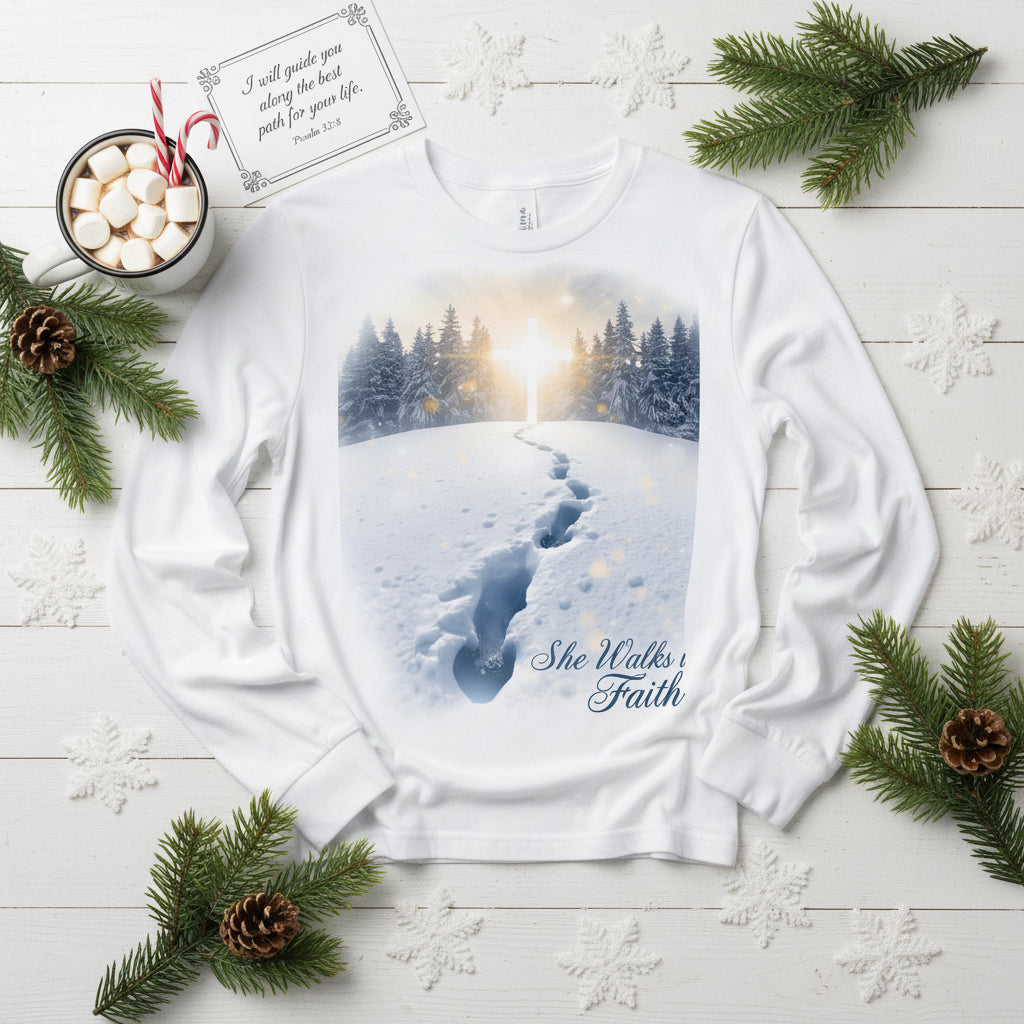 She Walks in Faith Footprints in Snow Long Sleeve Shirt – Inspirational Christian Tee - SheWalksInFaith