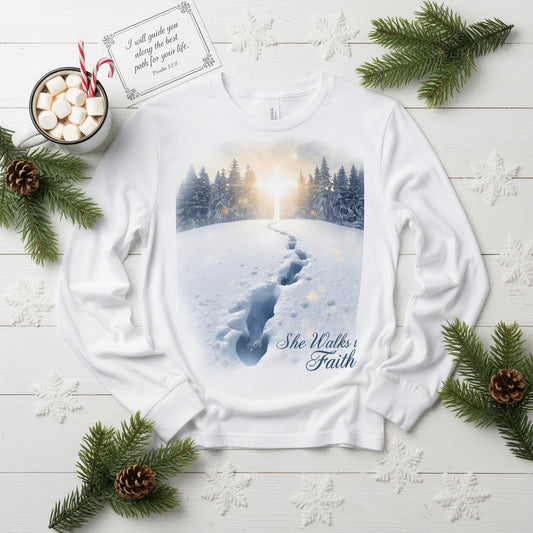 She Walks in Faith Footprints in Snow Long Sleeve Shirt – Inspirational Christian Tee - SheWalksInFaith