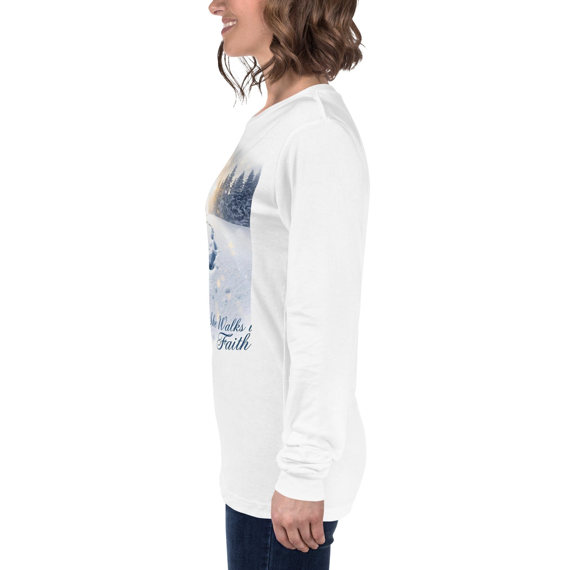 She Walks in Faith Footprints in Snow Long Sleeve Shirt – Inspirational Christian Tee - SheWalksInFaith