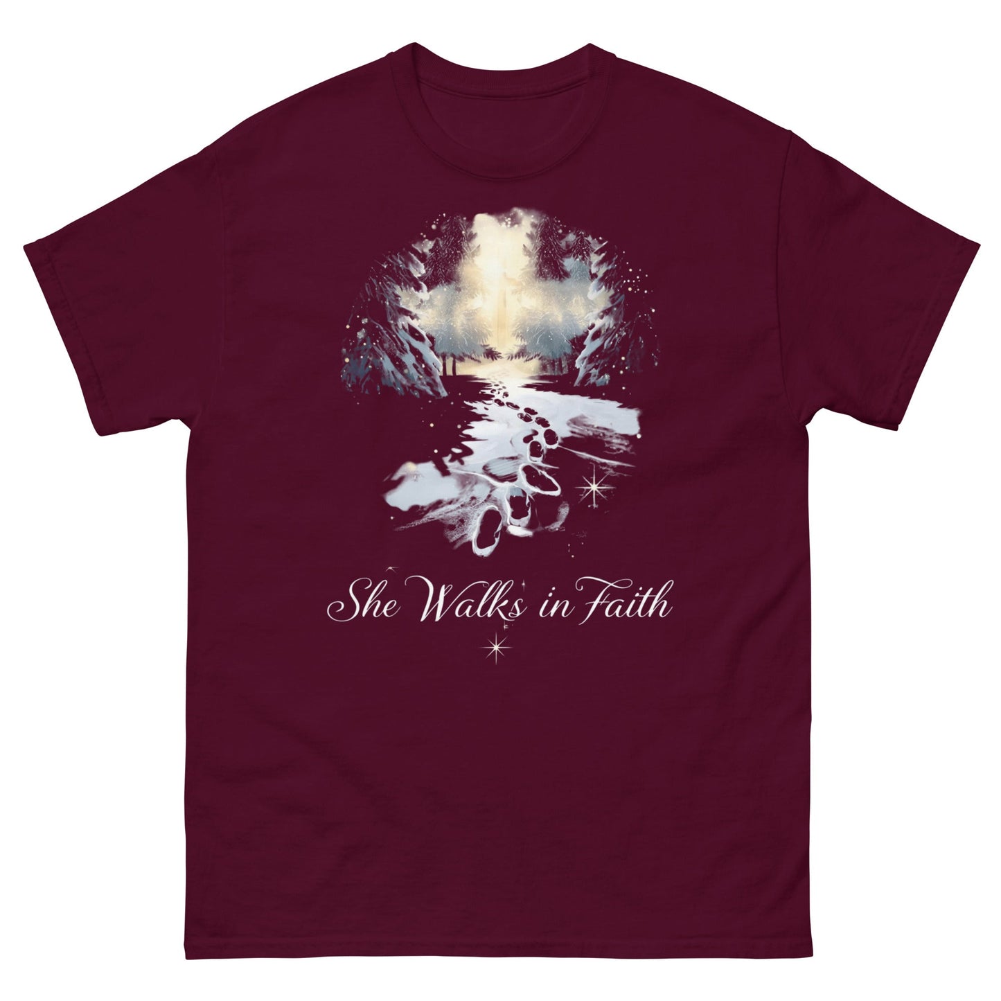 She Walks in Faith Footprints in Snow T-Shirt – Inspirational Christian Tee - SheWalksInFaith