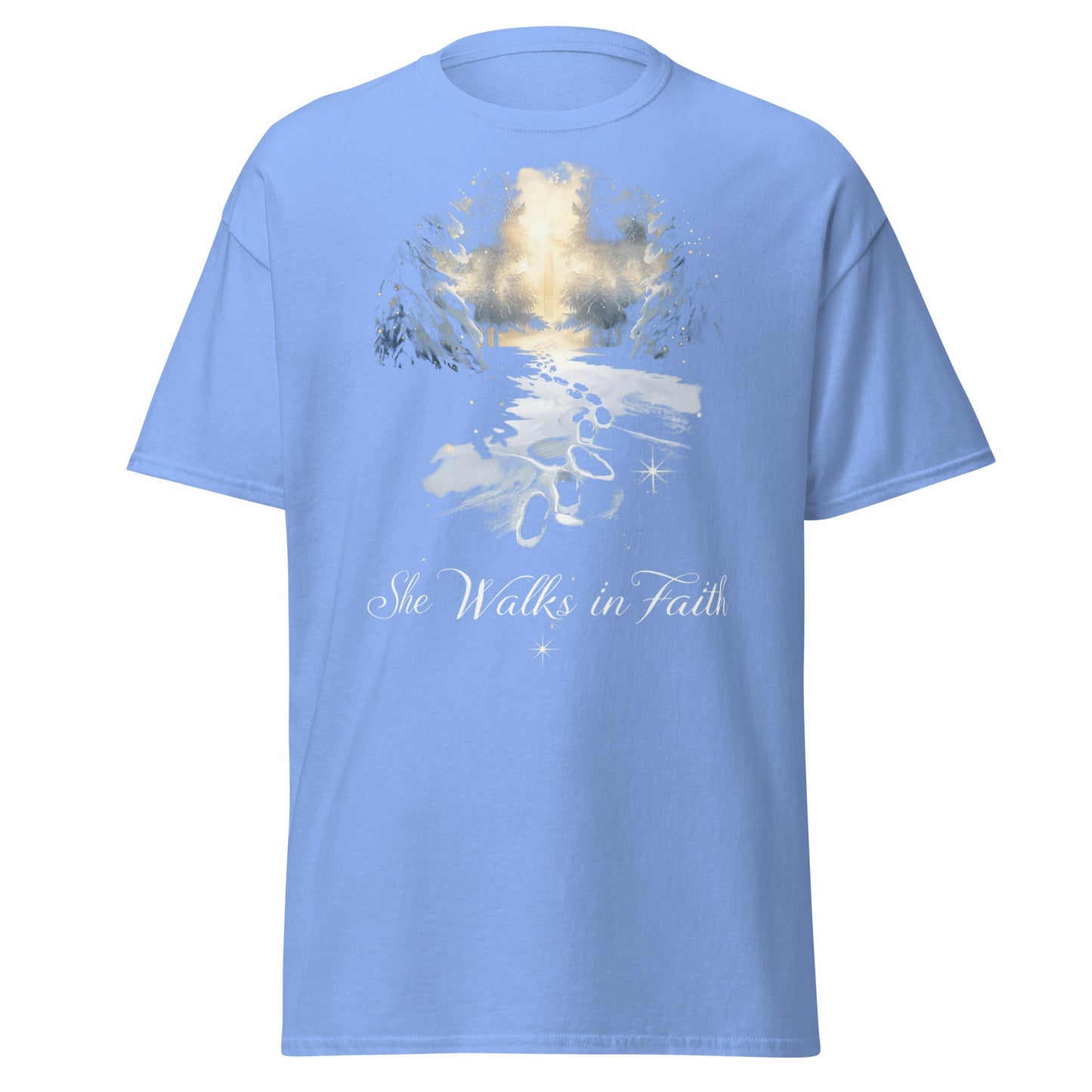She Walks in Faith Footprints in Snow T-Shirt – Inspirational Christian Tee - SheWalksInFaith
