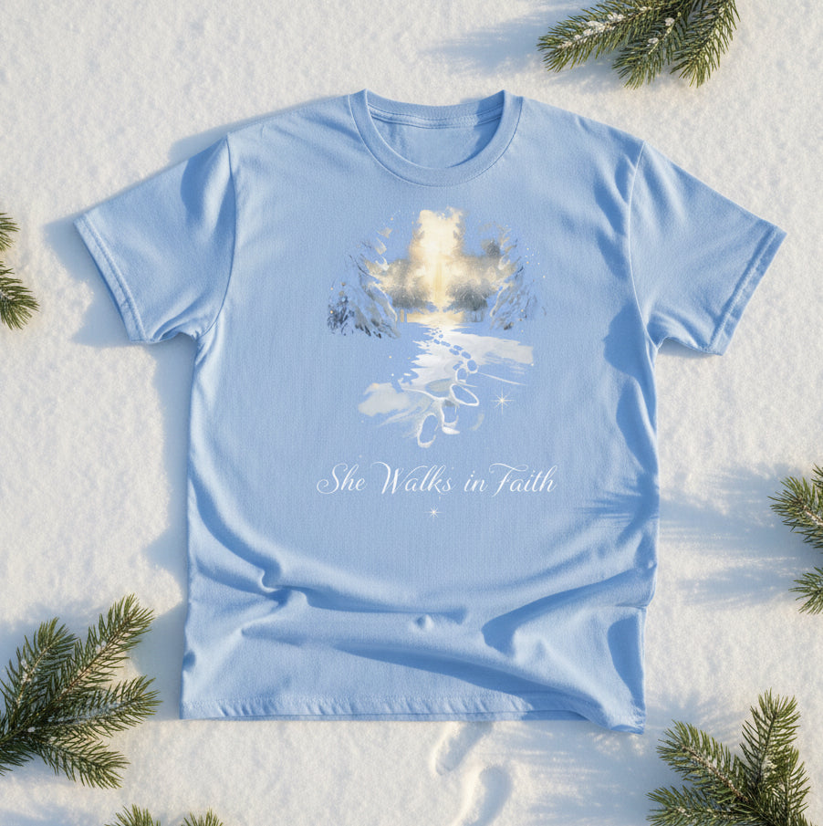 She Walks in Faith Footprints in Snow T-Shirt – Inspirational Christian Tee - SheWalksInFaith