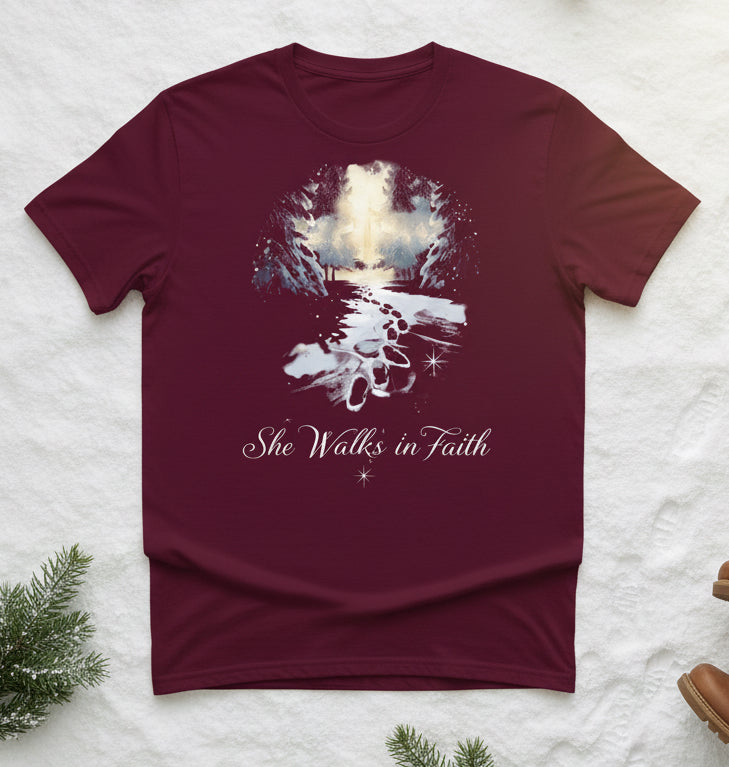 She Walks in Faith Footprints in Snow T-Shirt – Inspirational Christian Tee - SheWalksInFaith