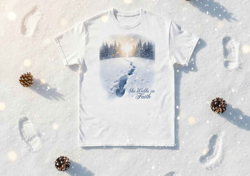 She Walks in Faith Footprints in Snow T-Shirt – Inspirational Christian Tee - SheWalksInFaith