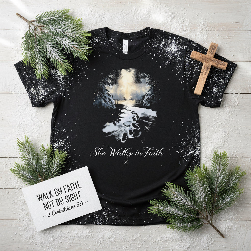 She Walks in Faith Footprints in Snow T-Shirt – Inspirational Christian Tee - SheWalksInFaith