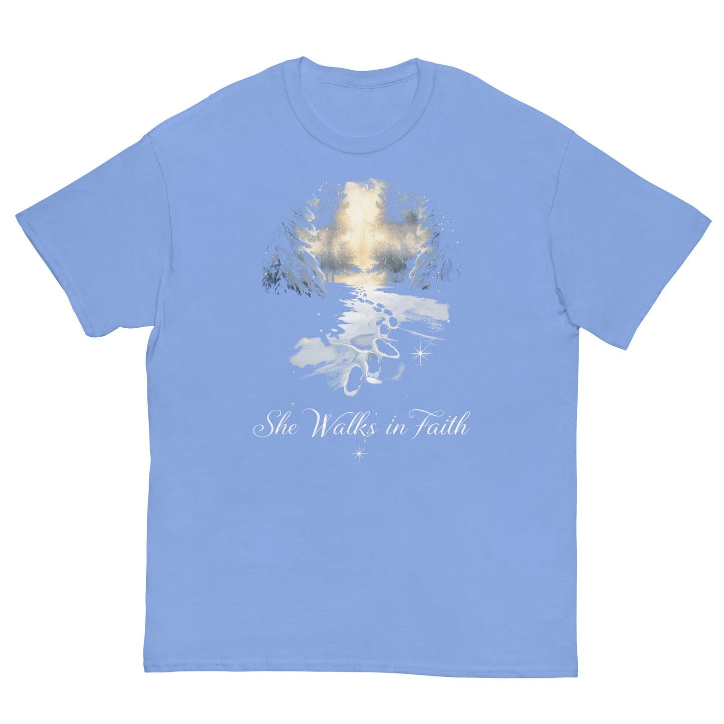 She Walks in Faith Footprints in Snow T-Shirt – Inspirational Christian Tee - SheWalksInFaith