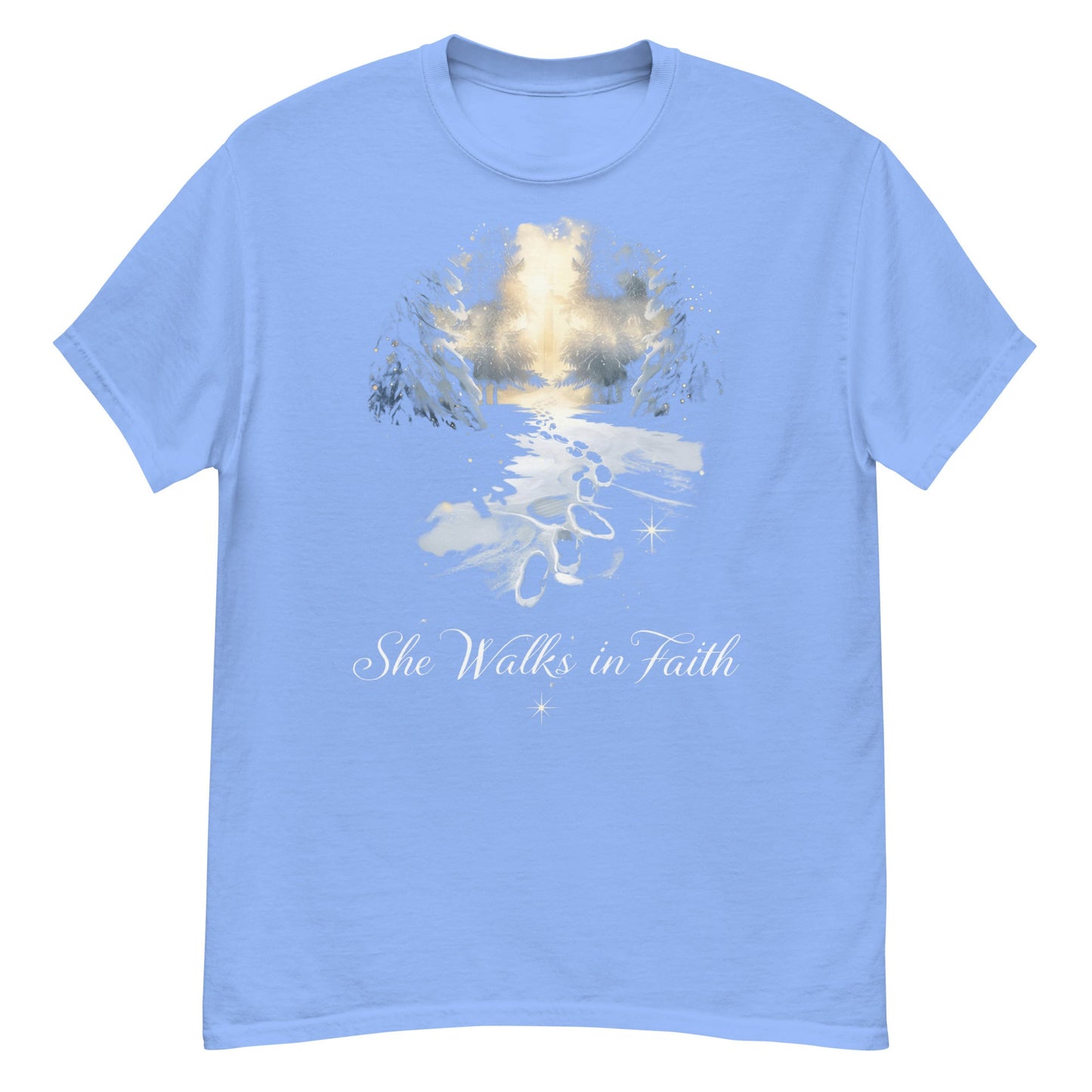 She Walks in Faith Footprints in Snow T-Shirt – Inspirational Christian Tee - SheWalksInFaith