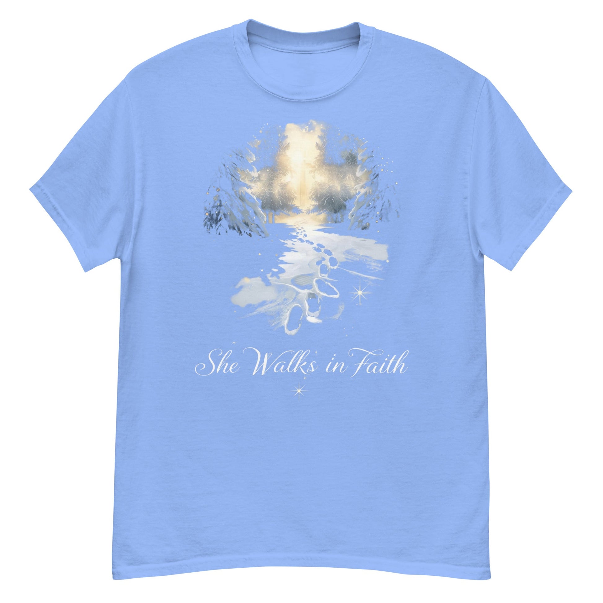 She Walks in Faith Footprints in Snow T-Shirt – Inspirational Christian Tee - SheWalksInFaith