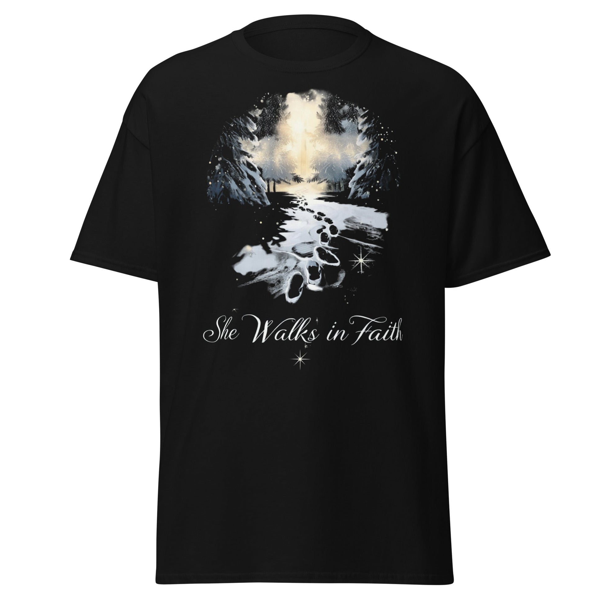 She Walks in Faith Footprints in Snow T-Shirt – Inspirational Christian Tee - SheWalksInFaith