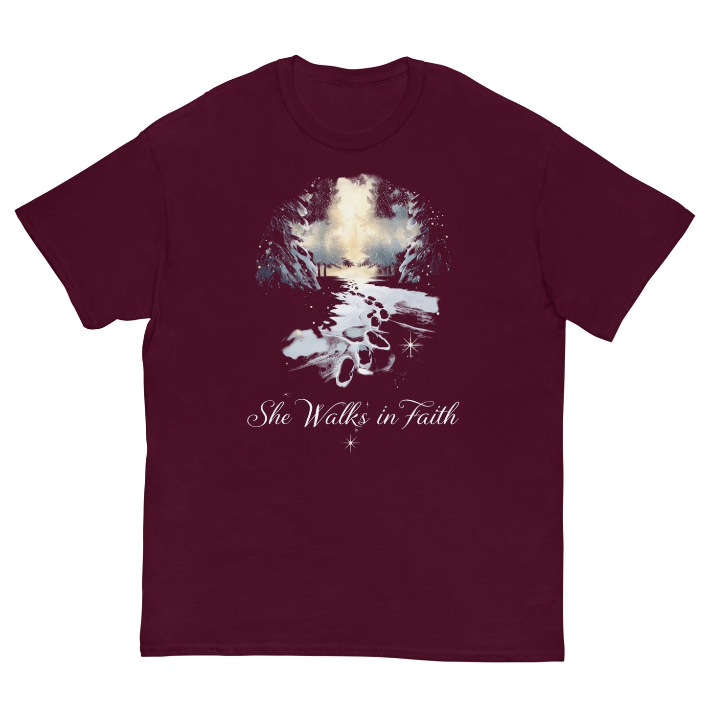She Walks in Faith Footprints in Snow T-Shirt – Inspirational Christian Tee - SheWalksInFaith