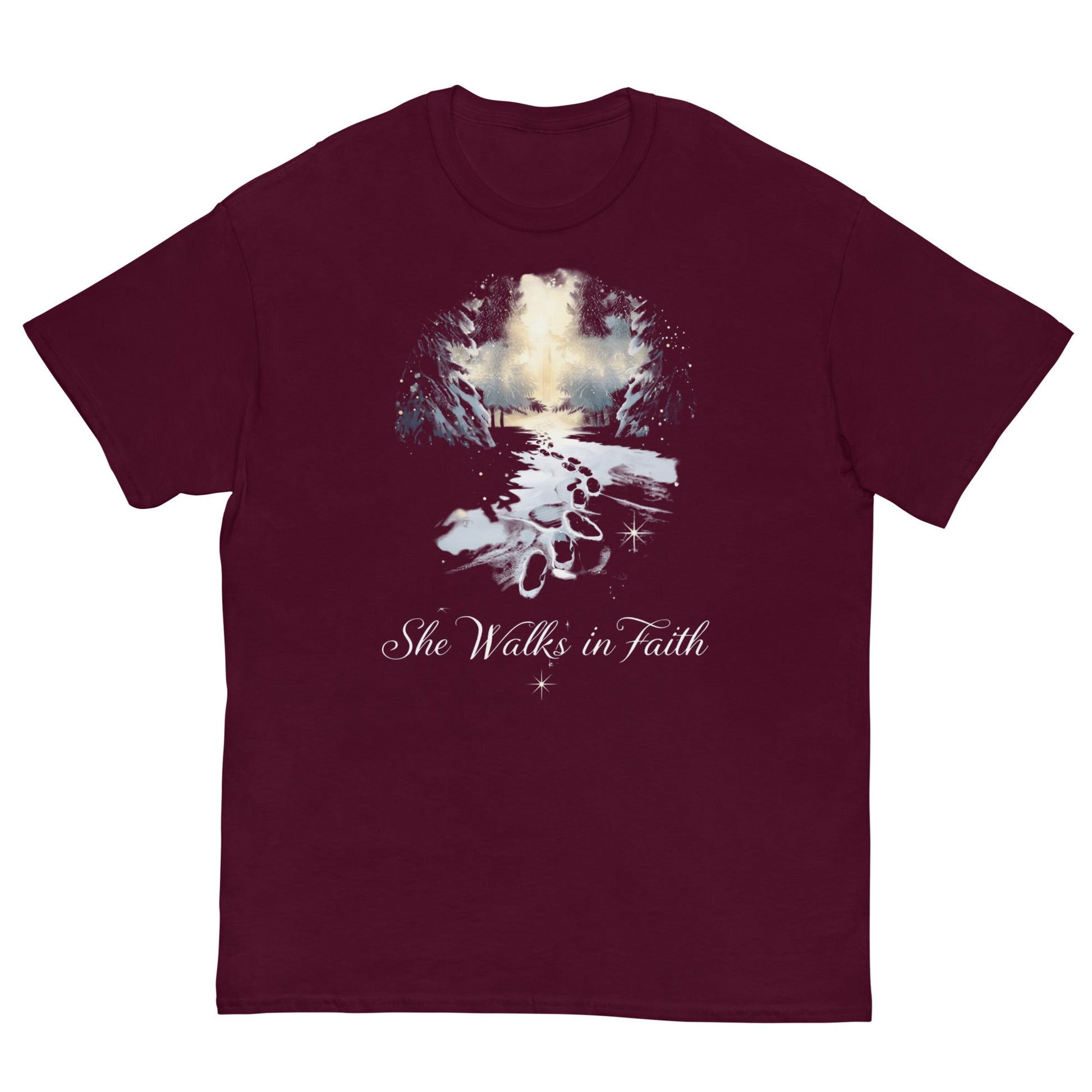 She Walks in Faith Footprints in Snow T-Shirt – Inspirational Christian Tee - SheWalksInFaith