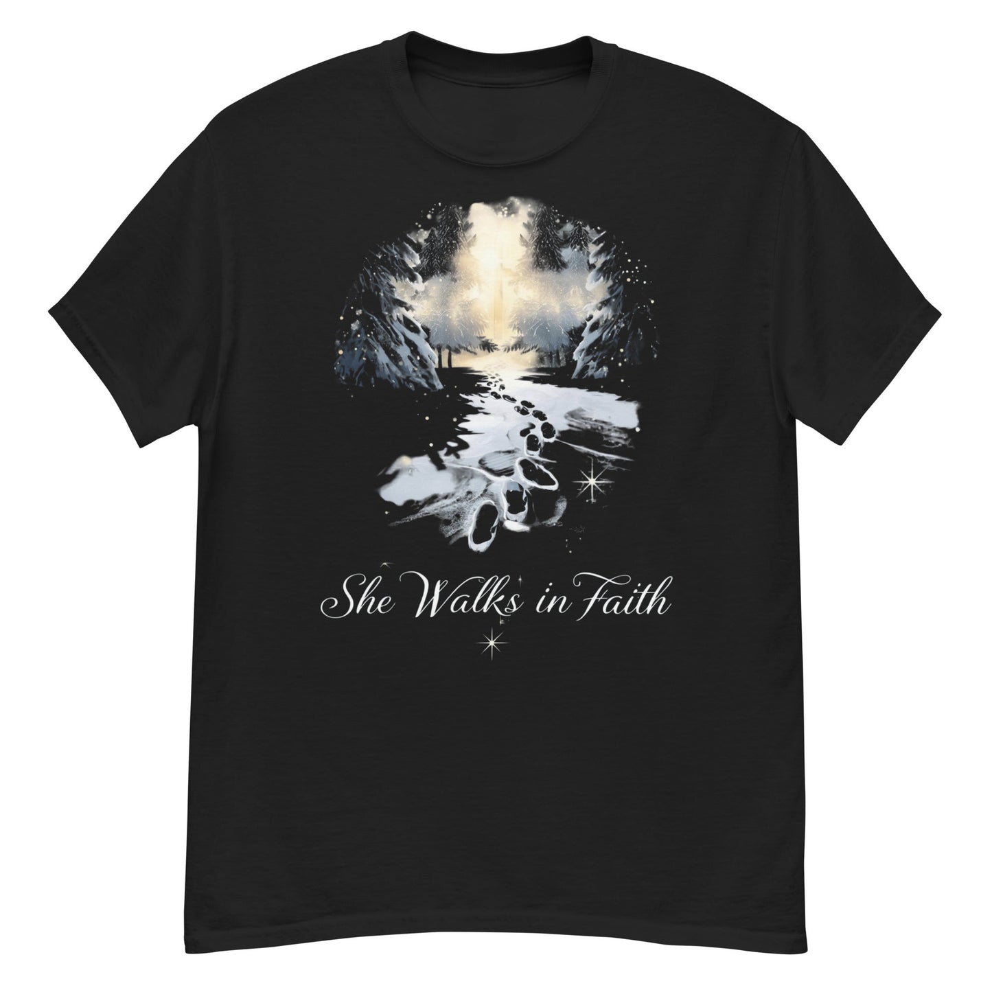 She Walks in Faith Footprints in Snow T-Shirt – Inspirational Christian Tee - SheWalksInFaith