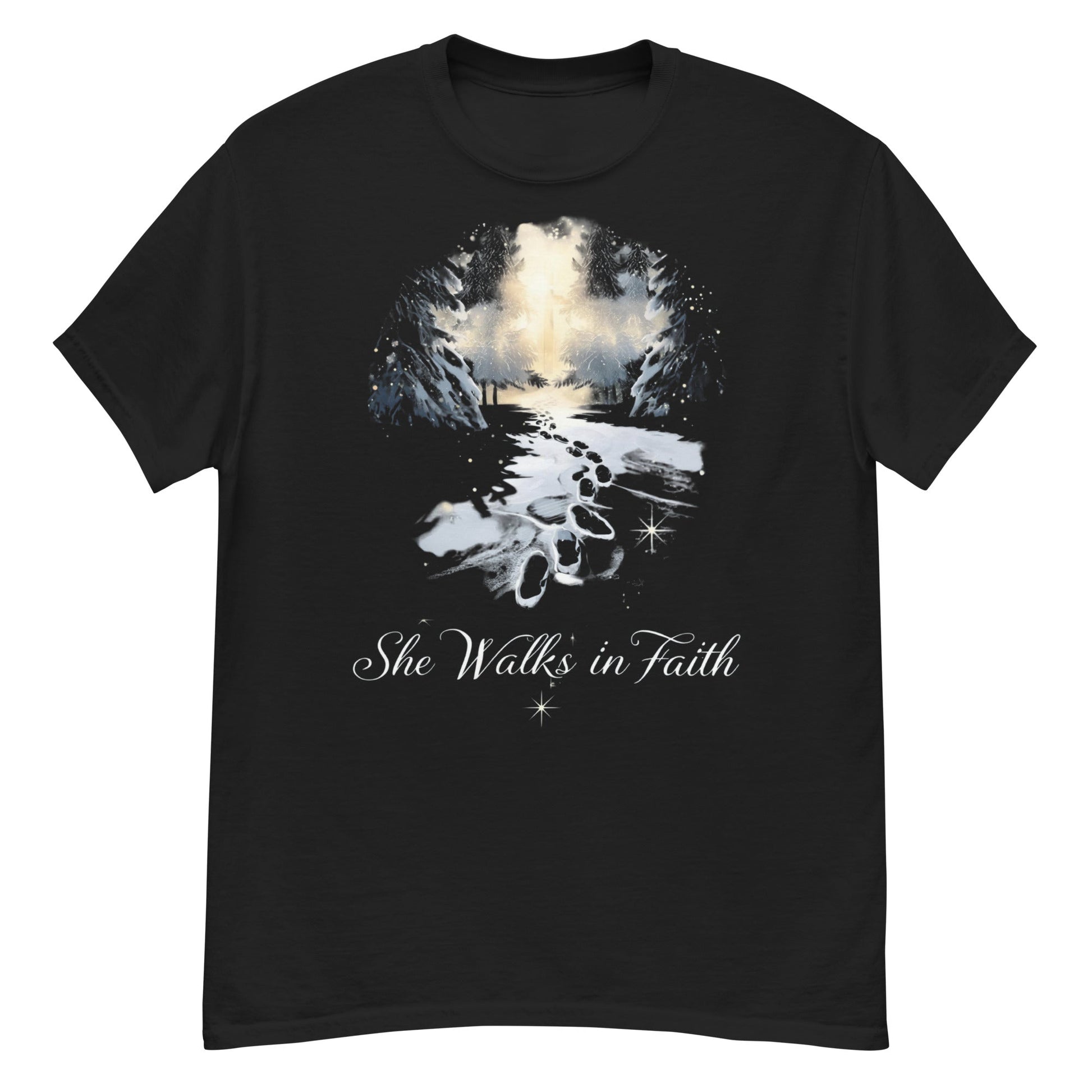 She Walks in Faith Footprints in Snow T-Shirt – Inspirational Christian Tee - SheWalksInFaith