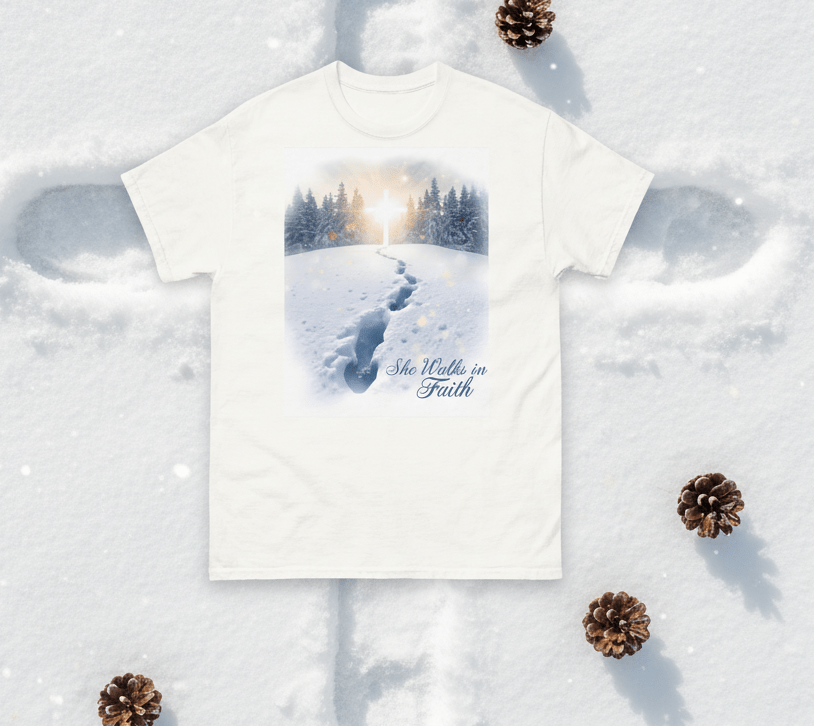 She Walks in Faith Footprints in Snow T-Shirt – Inspirational Christian Tee - SheWalksInFaith