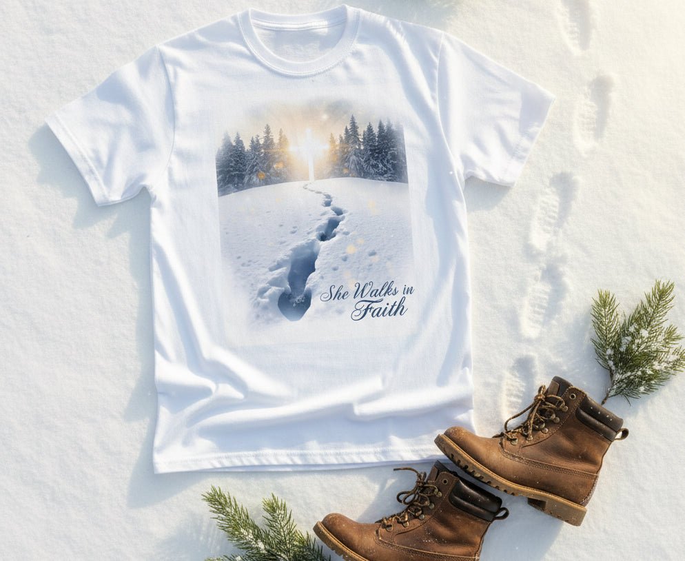 She Walks in Faith Footprints in Snow T-Shirt – Inspirational Christian Tee - SheWalksInFaith