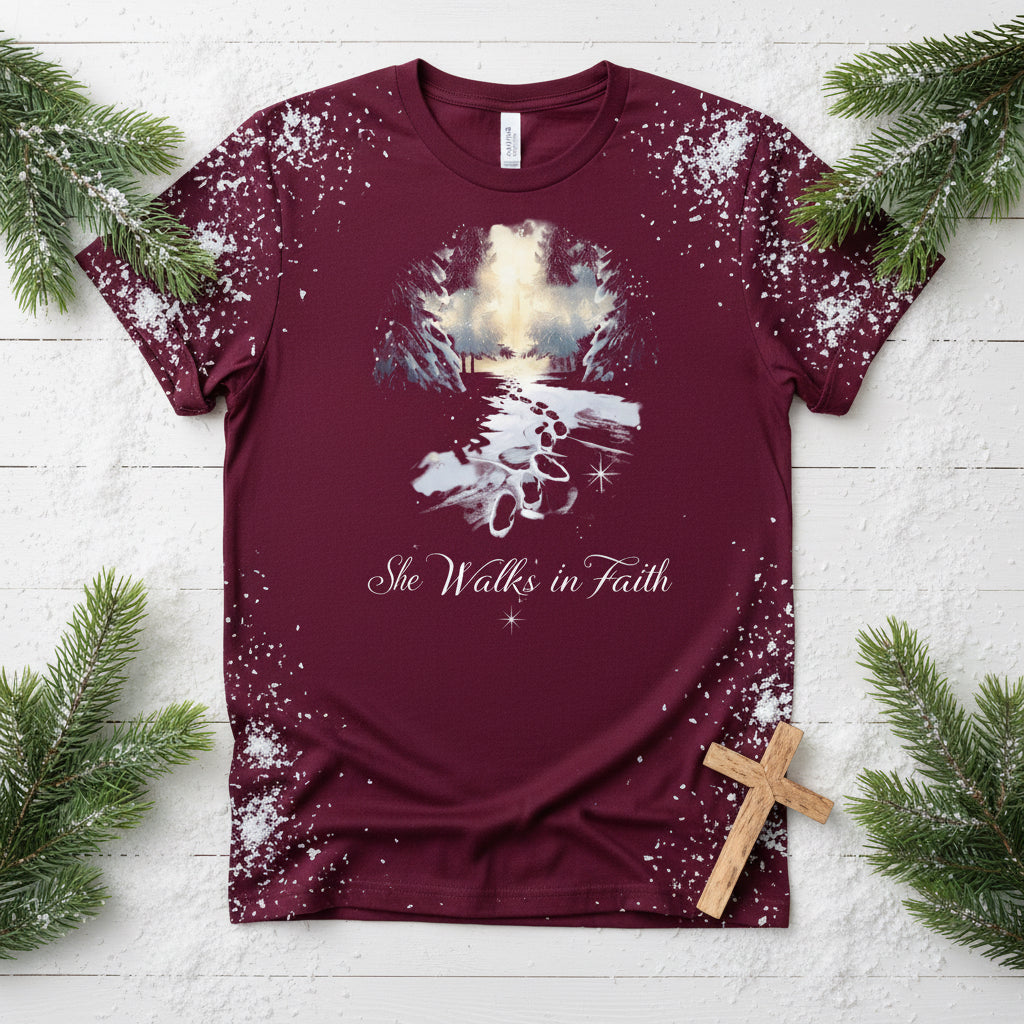 She Walks in Faith Footprints in Snow T-Shirt – Inspirational Christian Tee - SheWalksInFaith