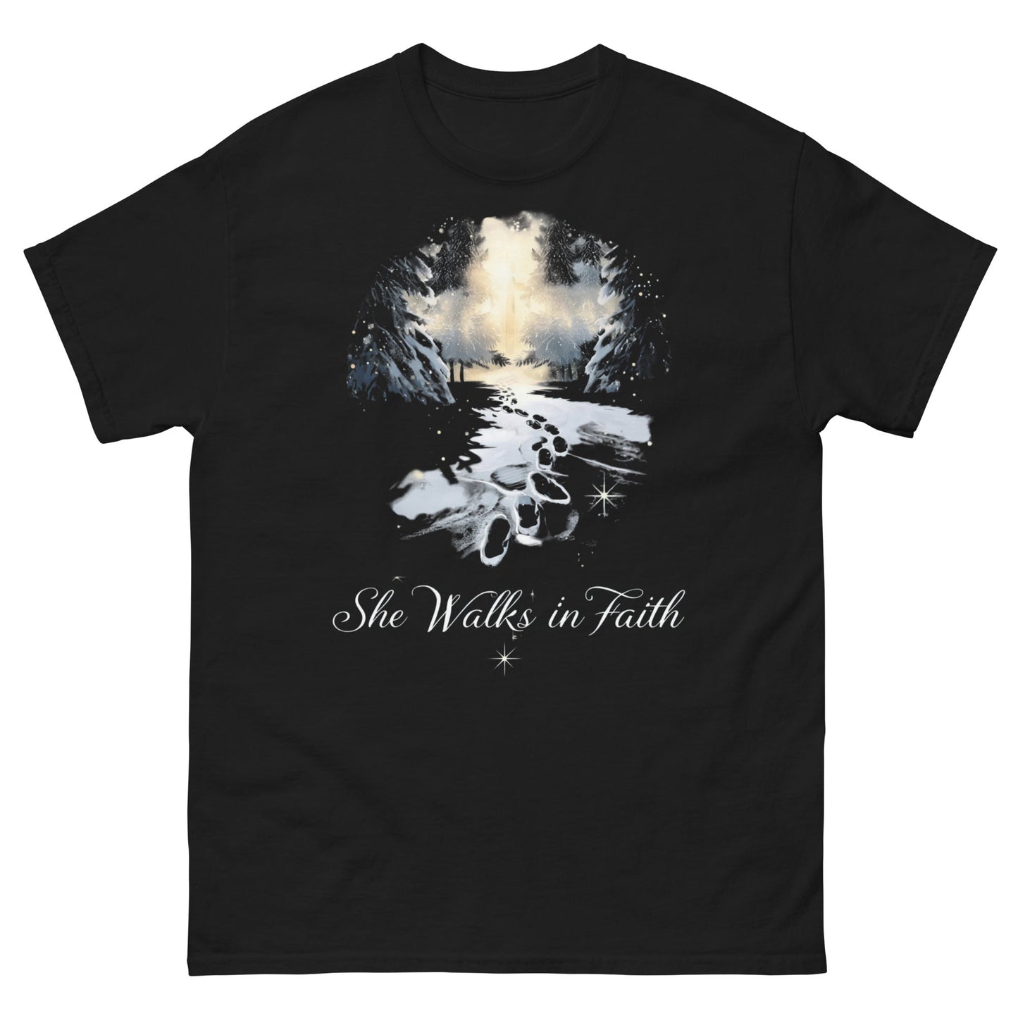 She Walks in Faith Footprints in Snow T-Shirt – Inspirational Christian Tee - SheWalksInFaith