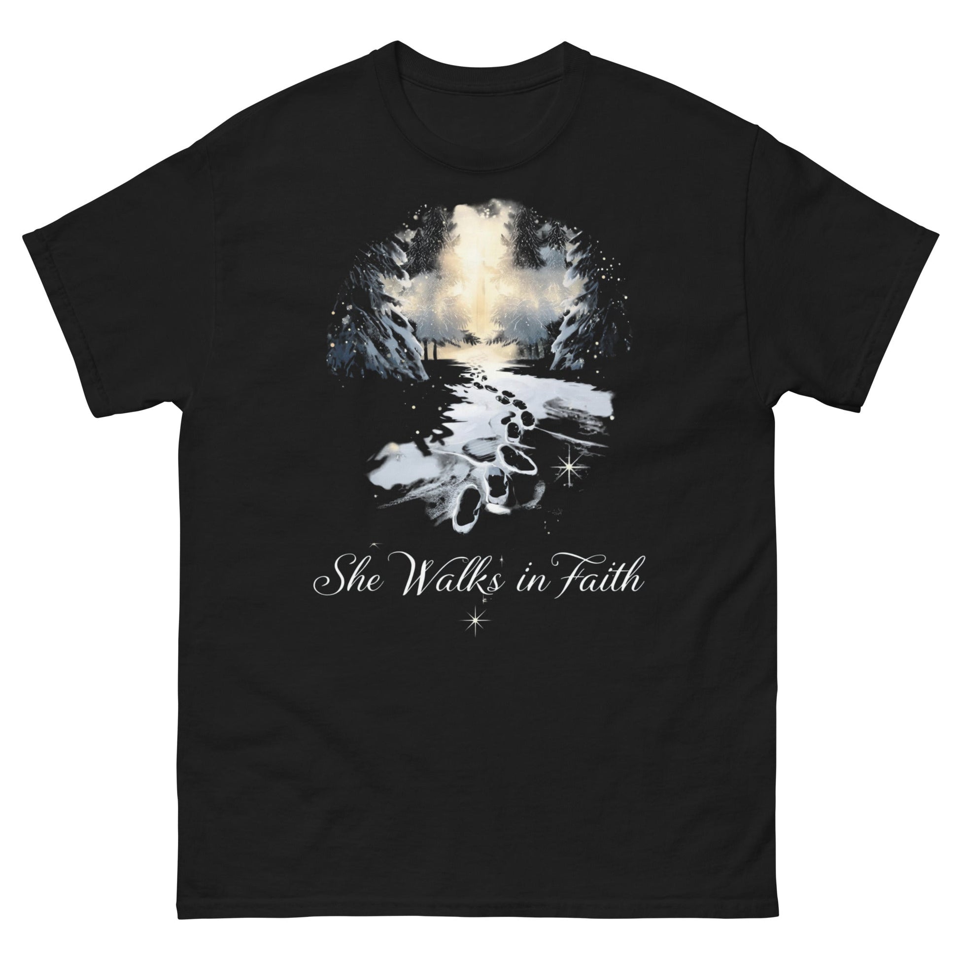 She Walks in Faith Footprints in Snow T-Shirt – Inspirational Christian Tee - SheWalksInFaith