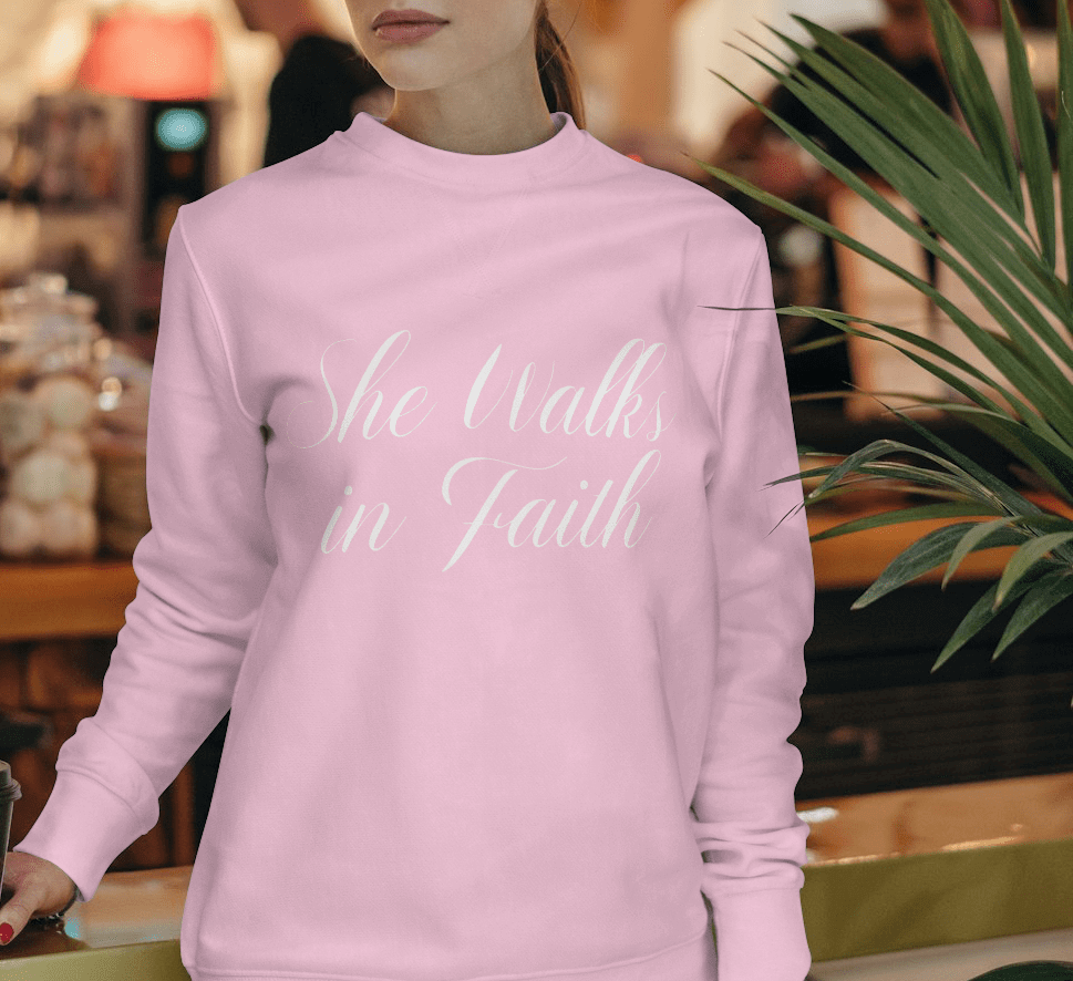 She Walks in Faith Pullover – Pink Crewneck Sweatshirt with White Cursive Lettering - My Store