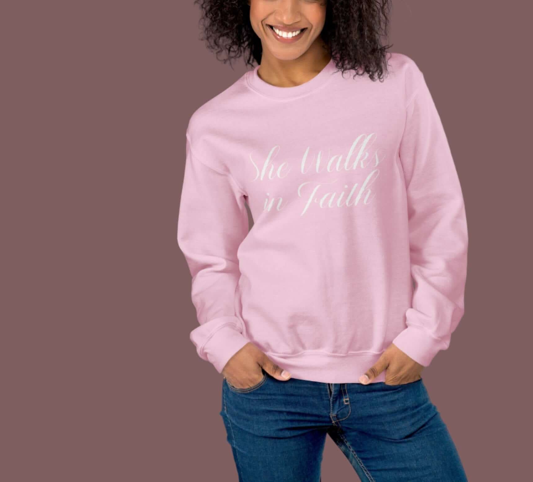 She Walks in Faith Pullover – Pink Crewneck Sweatshirt with White Cursive Lettering - My Store