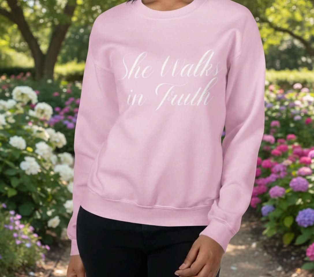She Walks in Faith Pullover – Pink Crewneck Sweatshirt with White Cursive Lettering - My Store