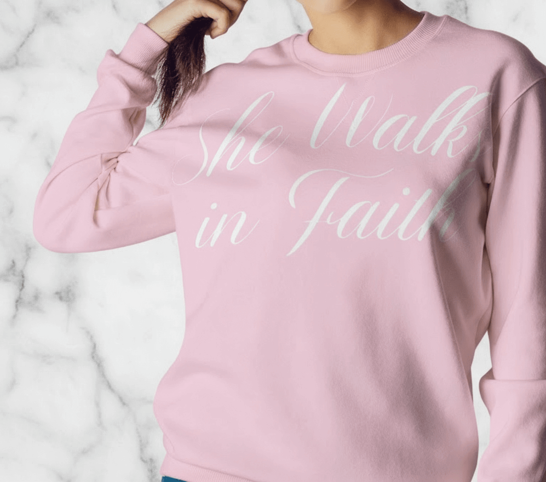 She Walks in Faith Pullover – Pink Crewneck Sweatshirt with White Cursive Lettering - My Store