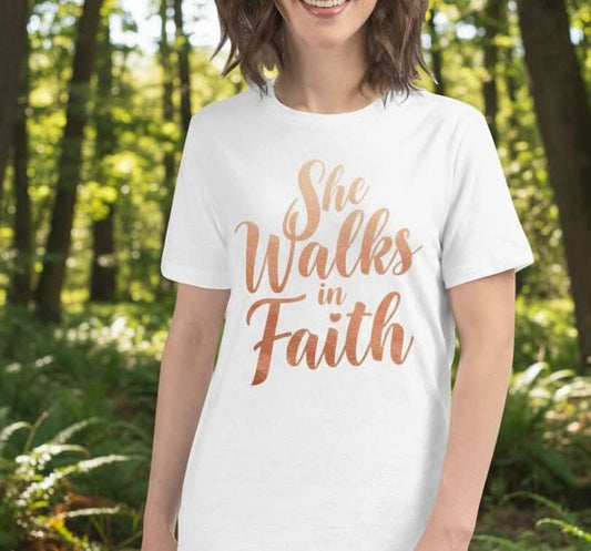 She Walks in Faith Tee – Rose Gold Edition - My Store