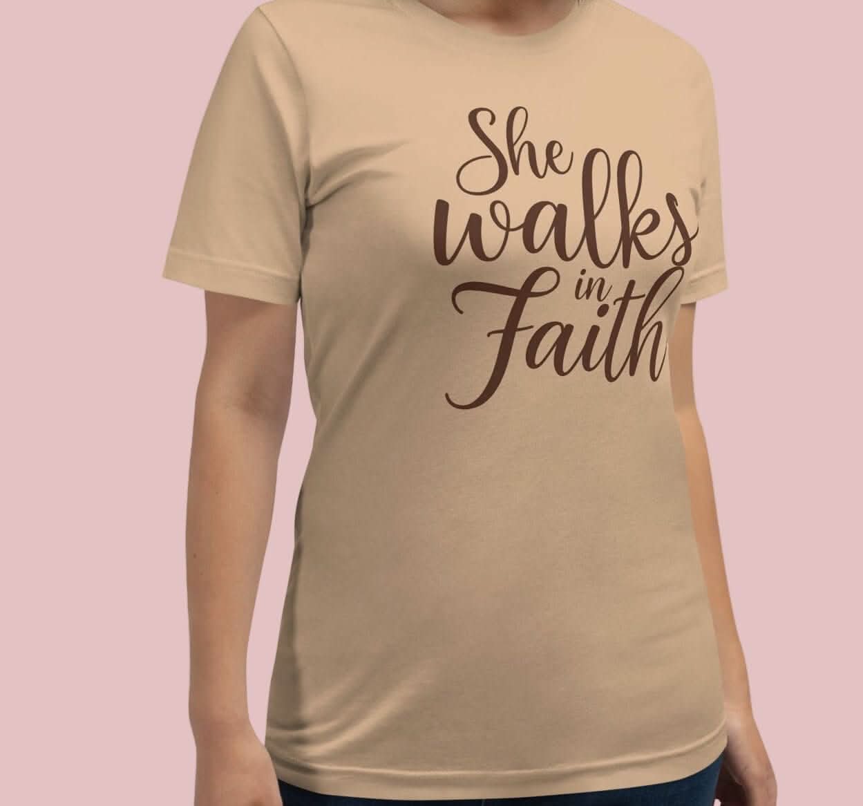 She Walks in Faith Tee – Tan Edition - My Store