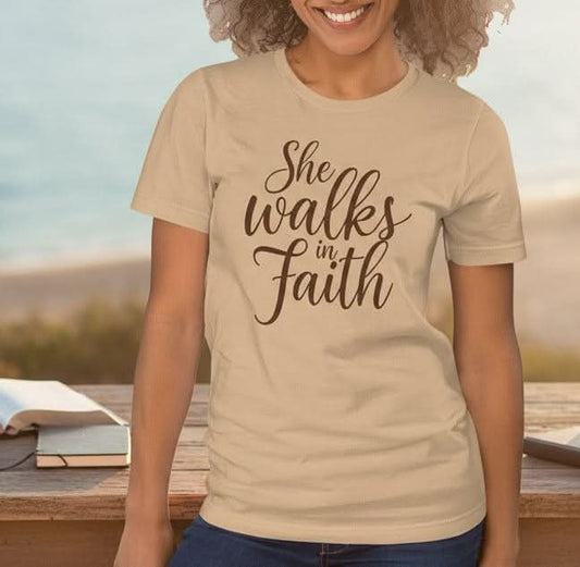 She Walks in Faith Tee – Tan Edition - My Store