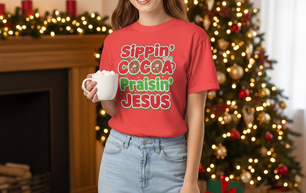 Sippin’ Cocoa Praisin’ Jesus T-Shirt – Cute Faith - Based Christmas Tee - SheWalksInFaith