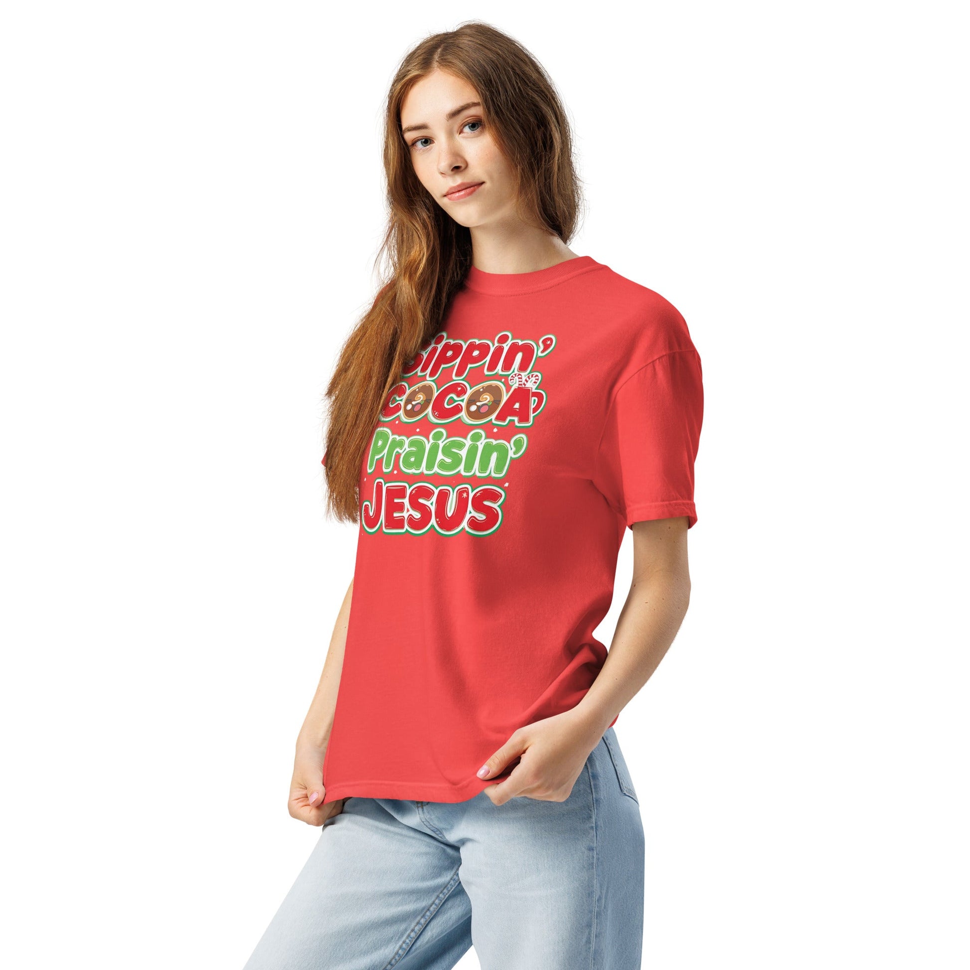 Sippin’ Cocoa Praisin’ Jesus T-Shirt – Cute Faith - Based Christmas Tee - SheWalksInFaith