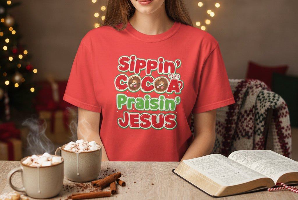 Sippin’ Cocoa Praisin’ Jesus T-Shirt – Cute Faith - Based Christmas Tee - SheWalksInFaith