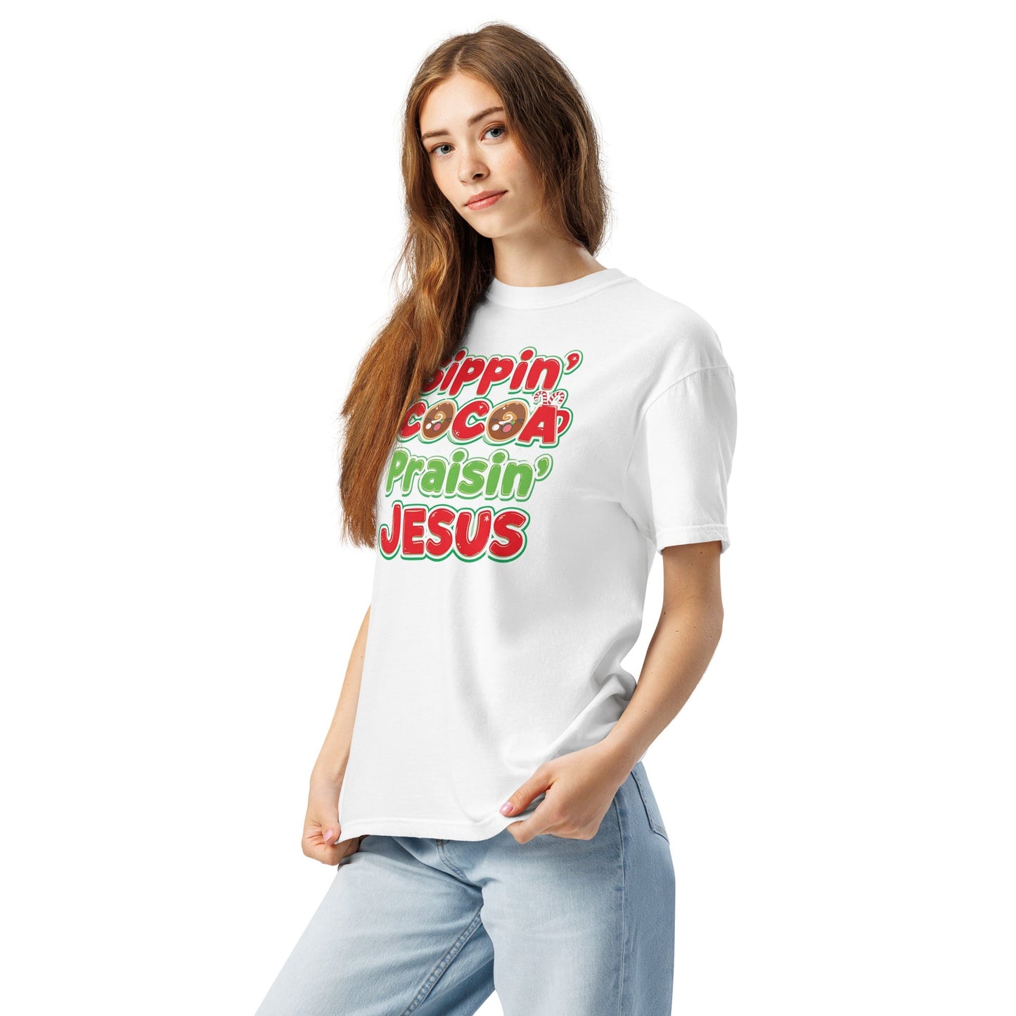 Sippin’ Cocoa Praisin’ Jesus T-Shirt – Cute Faith - Based Christmas Tee - SheWalksInFaith