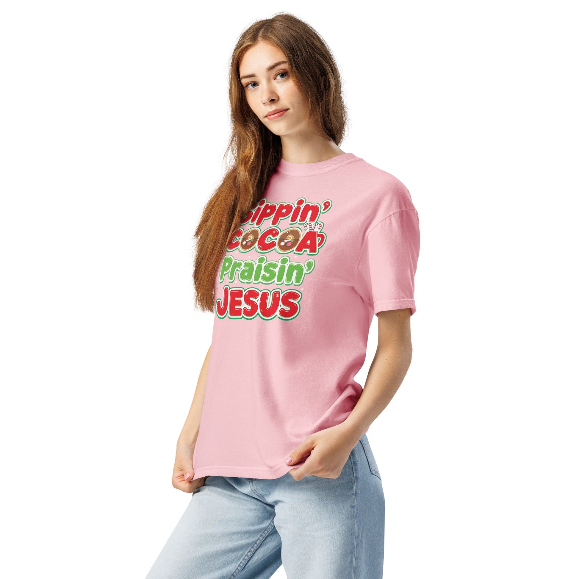 Sippin’ Cocoa Praisin’ Jesus T-Shirt – Cute Faith - Based Christmas Tee - SheWalksInFaith