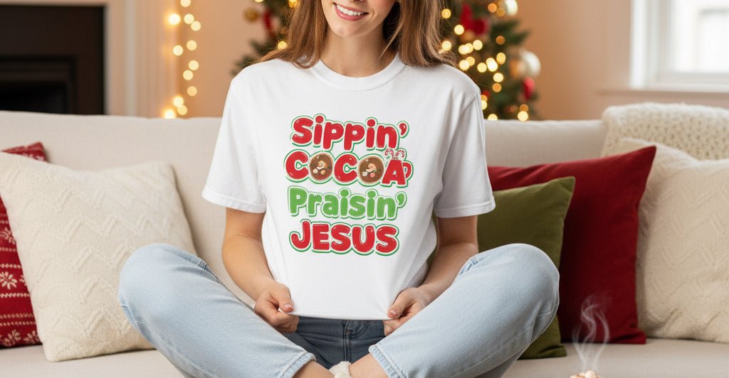 Sippin’ Cocoa Praisin’ Jesus T-Shirt – Cute Faith - Based Christmas Tee - SheWalksInFaith