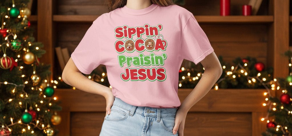 Sippin’ Cocoa Praisin’ Jesus T-Shirt – Cute Faith - Based Christmas Tee - SheWalksInFaith