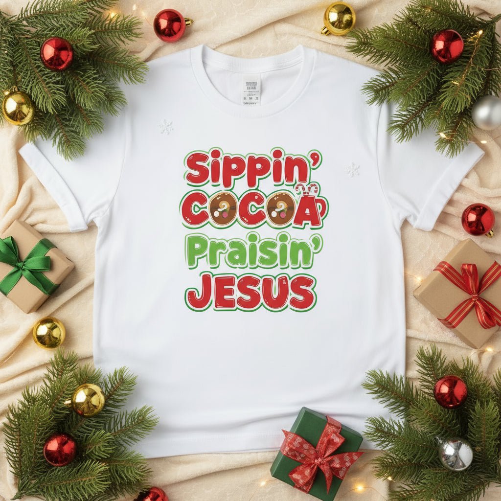 Sippin’ Cocoa Praisin’ Jesus T-Shirt – Cute Faith - Based Christmas Tee - SheWalksInFaith