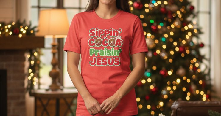 Sippin’ Cocoa Praisin’ Jesus T-Shirt – Cute Faith - Based Christmas Tee - SheWalksInFaith