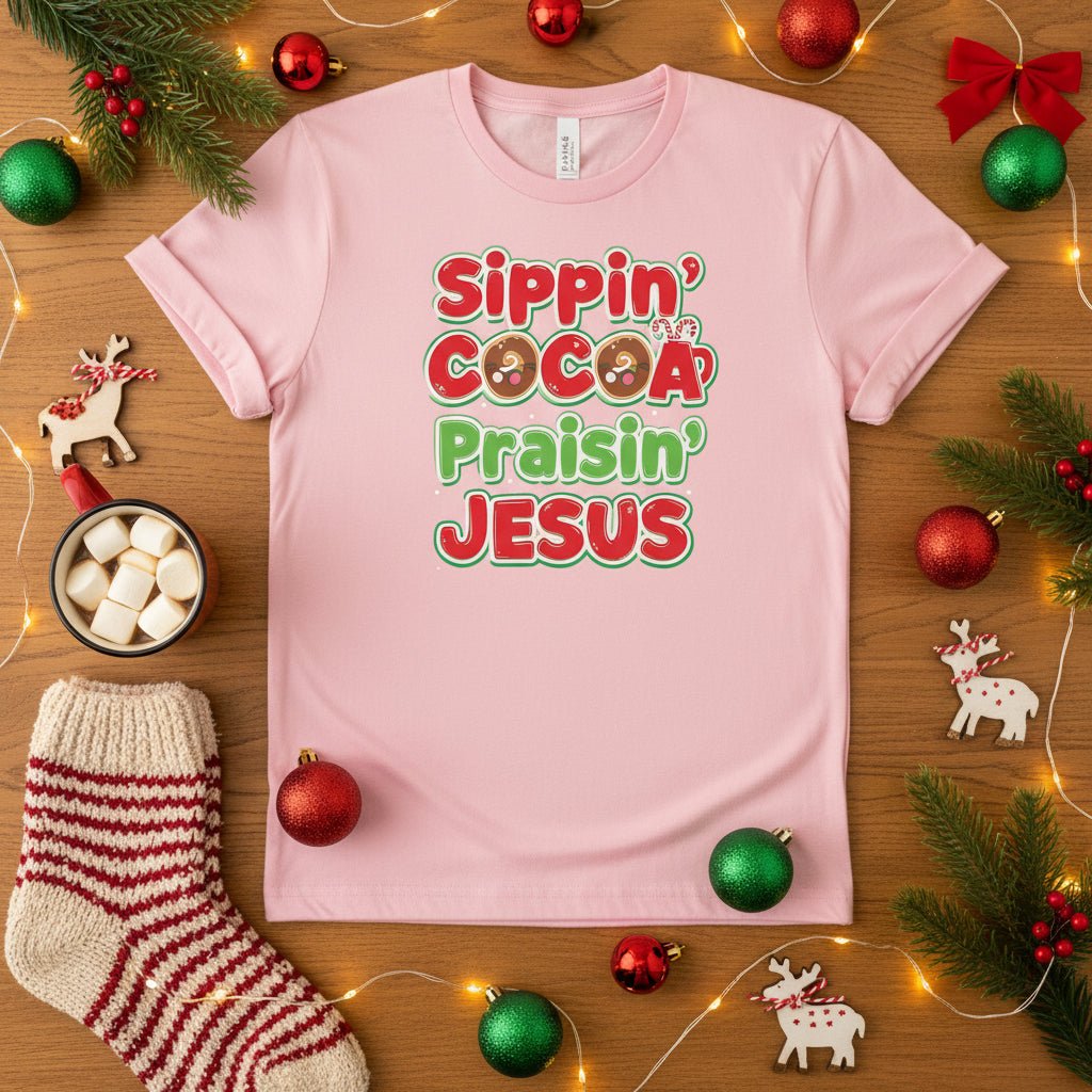 Sippin’ Cocoa Praisin’ Jesus T-Shirt – Cute Faith - Based Christmas Tee - SheWalksInFaith