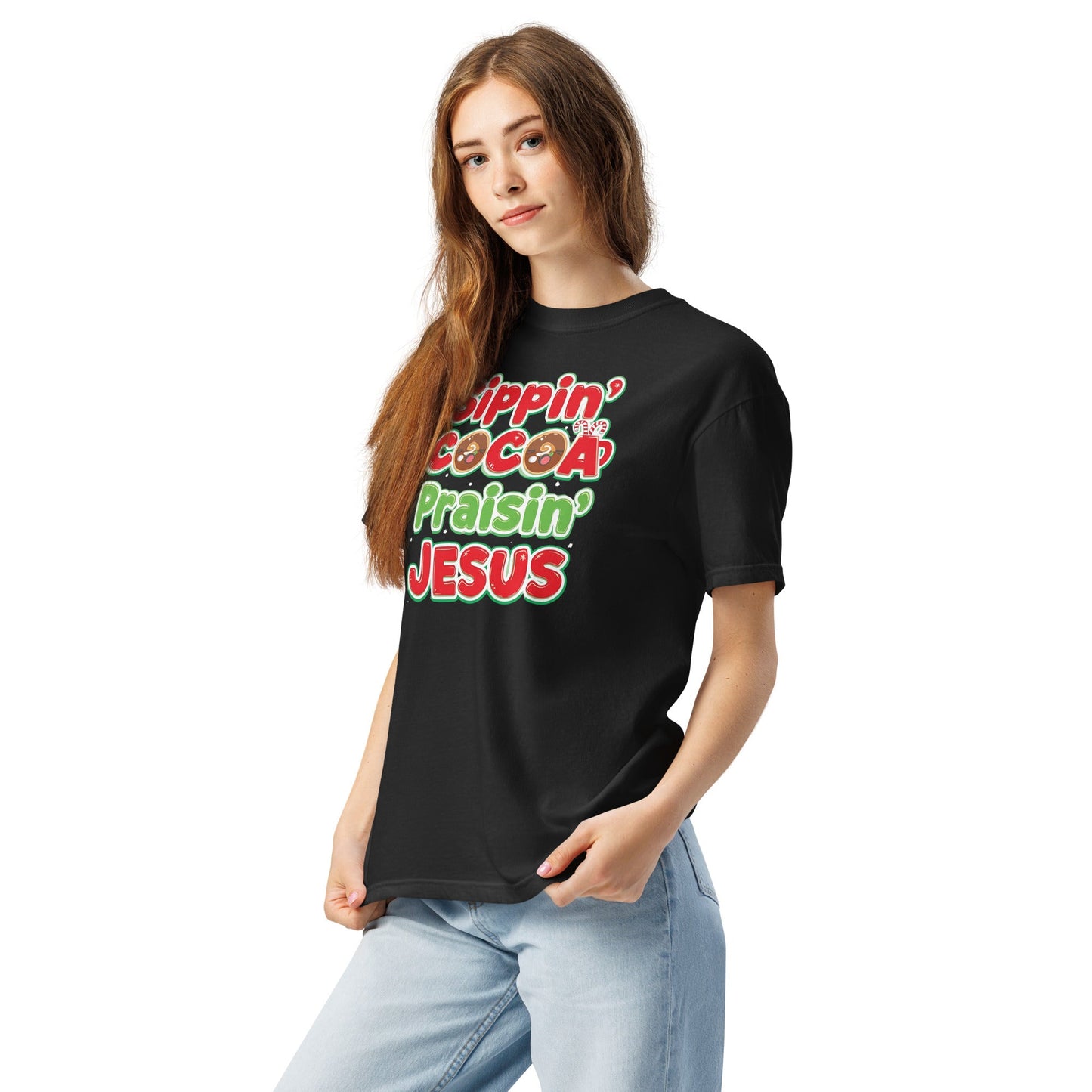 Sippin’ Cocoa Praisin’ Jesus T-Shirt – Cute Faith - Based Christmas Tee - SheWalksInFaith