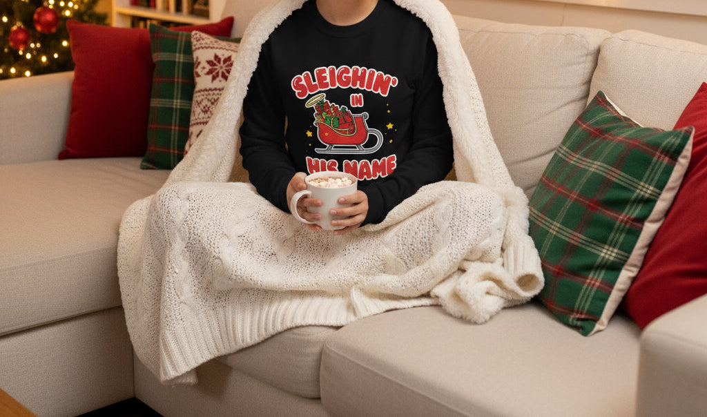 Sleighin’ in His Name Long Sleeve Shirt – Cozy Faith - Based Christmas Tee - SheWalksInFaith