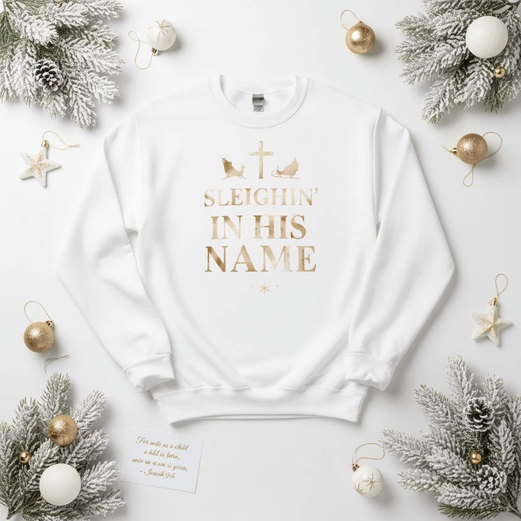 Sleighin’ in His Name Sweatshirt – Funny Faith - Based Christmas Sweater - SheWalksInFaith