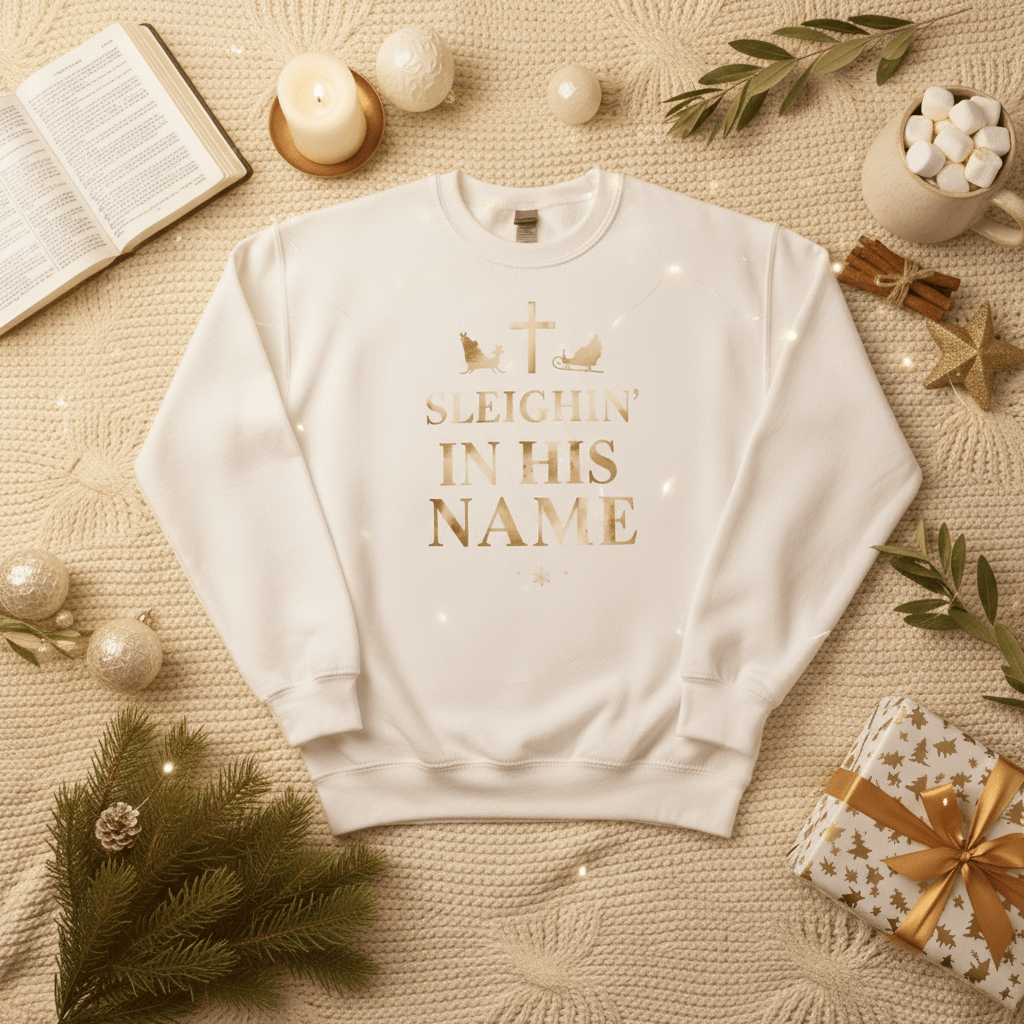 Sleighin’ in His Name Sweatshirt – Funny Faith - Based Christmas Sweater - SheWalksInFaith