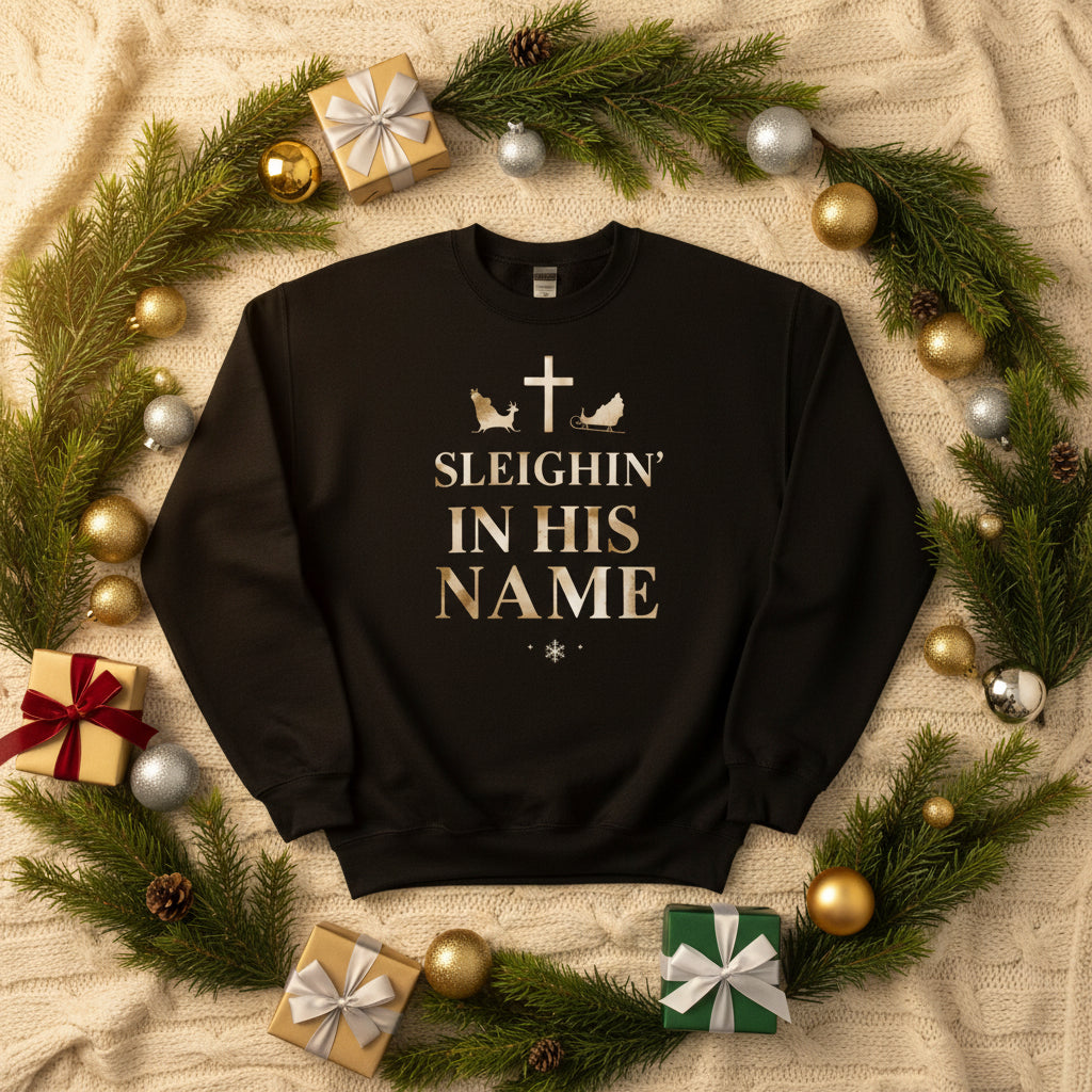 Sleighin’ in His Name Sweatshirt – Funny Faith - Based Christmas Sweater - SheWalksInFaith