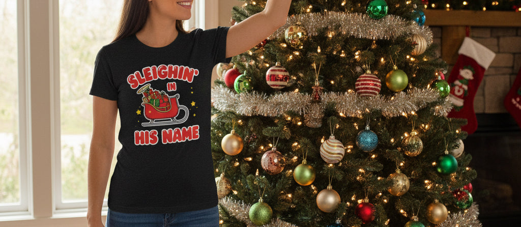 Sleighin’ in His Name T-Shirt – Funny Faith - Based Christmas Tee - SheWalksInFaith