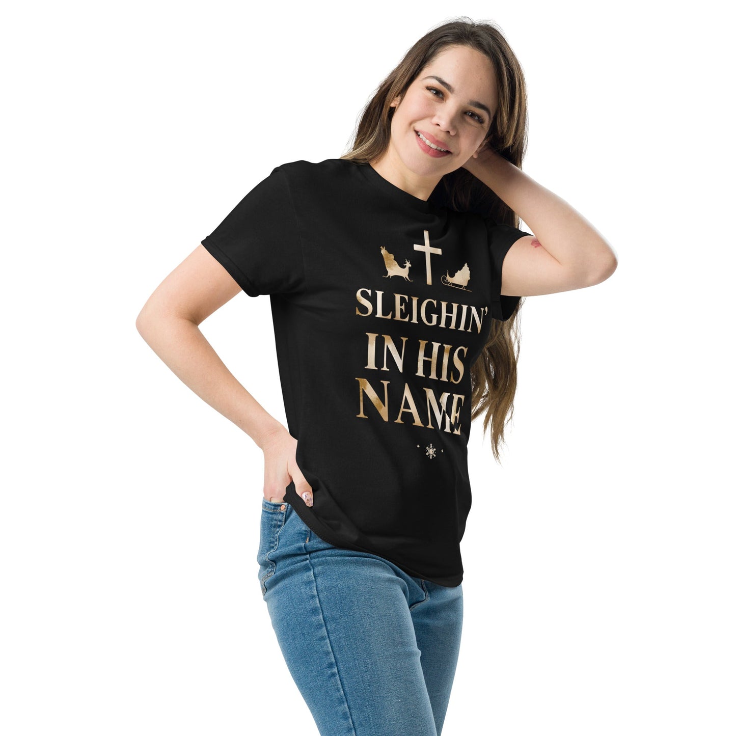 Sleighin’ in His Name T-Shirt – Funny Faith - Based Christmas Tee - SheWalksInFaith
