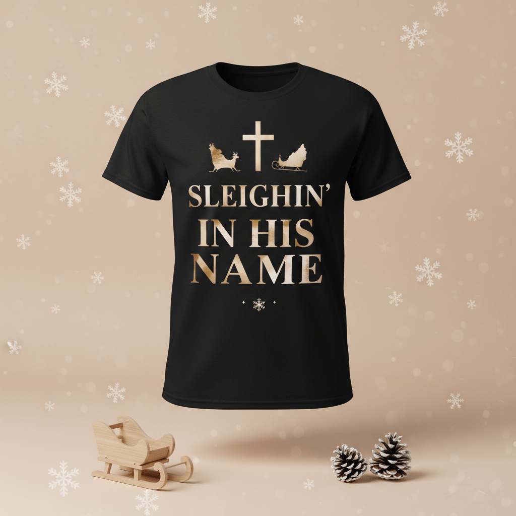 Sleighin’ in His Name T-Shirt – Funny Faith - Based Christmas Tee - SheWalksInFaith