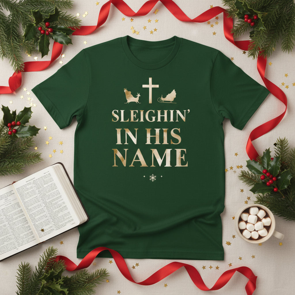 Sleighin’ in His Name T-Shirt – Funny Faith - Based Christmas Tee - SheWalksInFaith