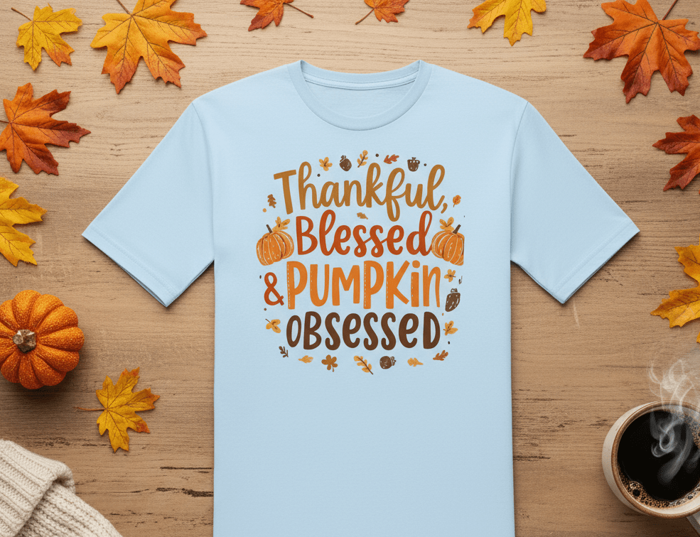 Thankful, Blessed & Pumpkin Obsessed Tee – Fall Faith Graphic Shirt - SheWalksInFaith