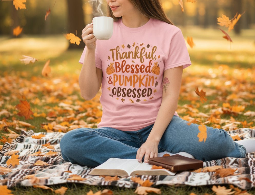Thankful, Blessed & Pumpkin Obsessed Tee – Fall Faith Graphic Shirt - SheWalksInFaith